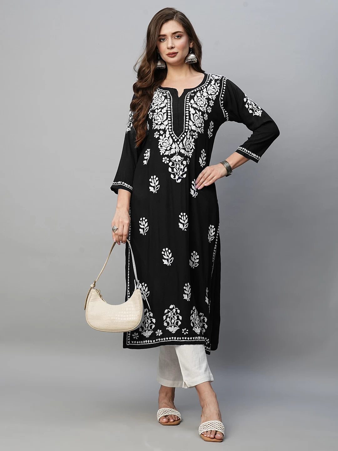 Ada Hand Embroidered Jet Black Rayon Lucknowi Chikankari Straight Kurta A411513