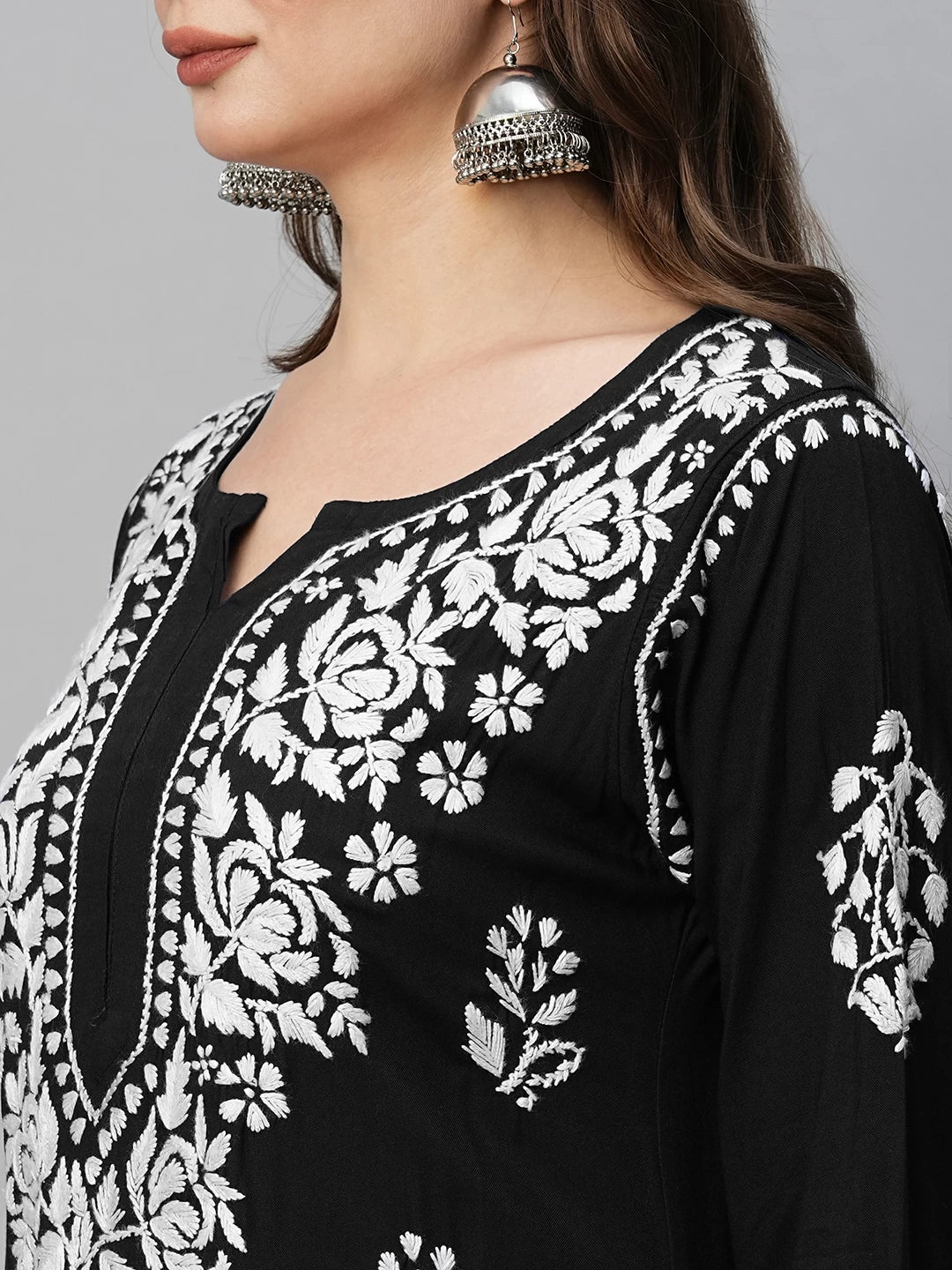 Ada Hand Embroidered Jet Black Rayon Lucknowi Chikankari Straight Kurta A411513