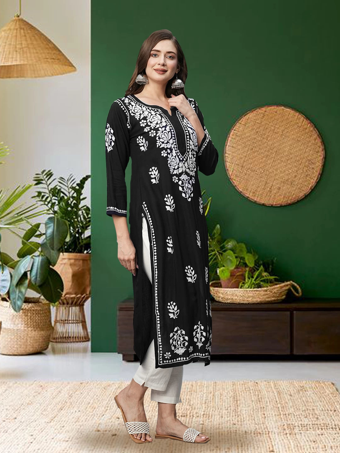 Ada Hand Embroidered Jet Black Rayon Lucknowi Chikankari Straight Kurta A411513