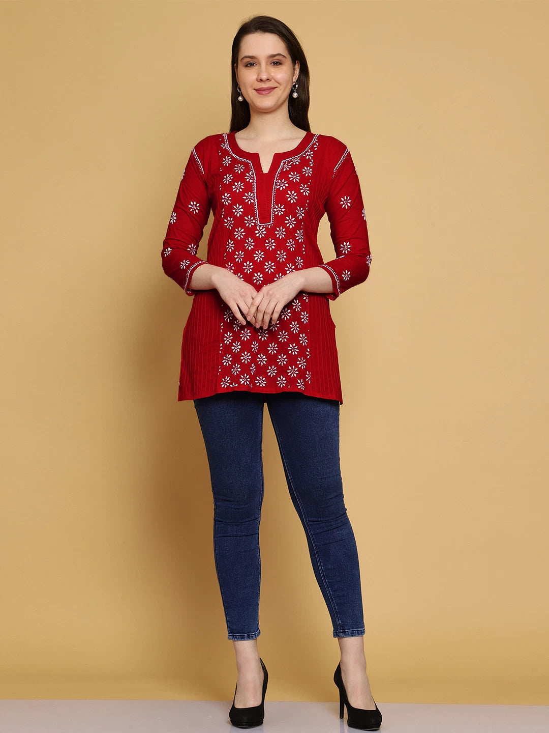 Ada Hand Embroidered Red Cotton Lucknowi Chikankari Straight Kurti A911289