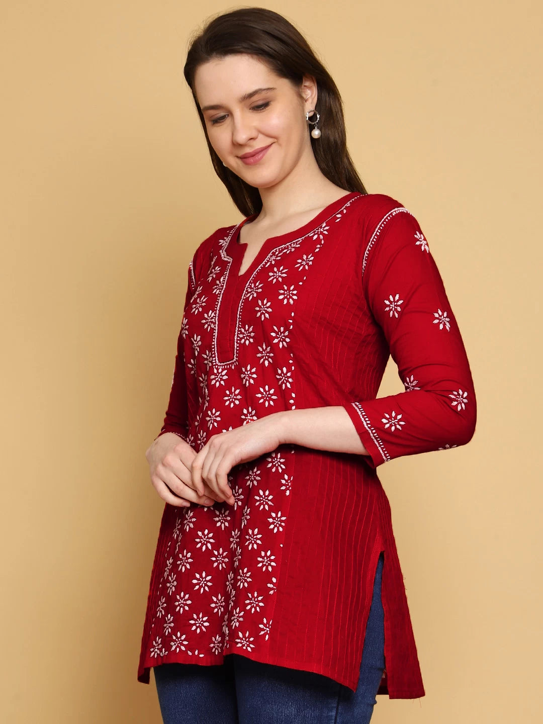 Ada Hand Embroidered Red Cotton Lucknowi Chikankari Straight Kurti A911289
