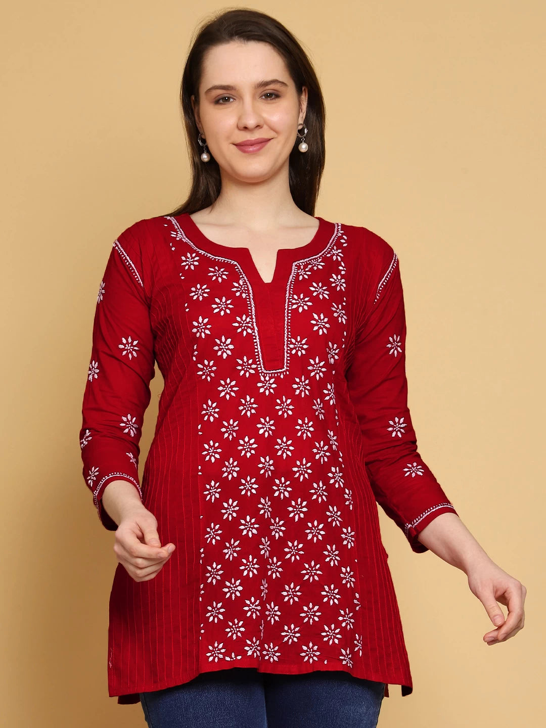 Ada Hand Embroidered Red Cotton Lucknowi Chikankari Straight Kurti A911289