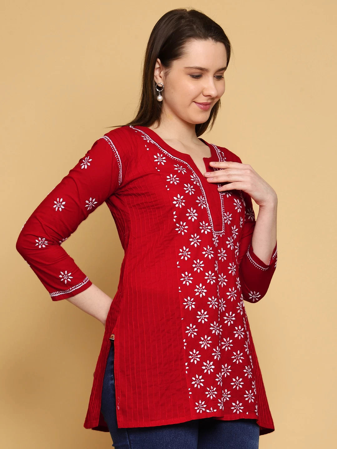 Ada Hand Embroidered Red Cotton Lucknowi Chikankari Straight Kurti A911289