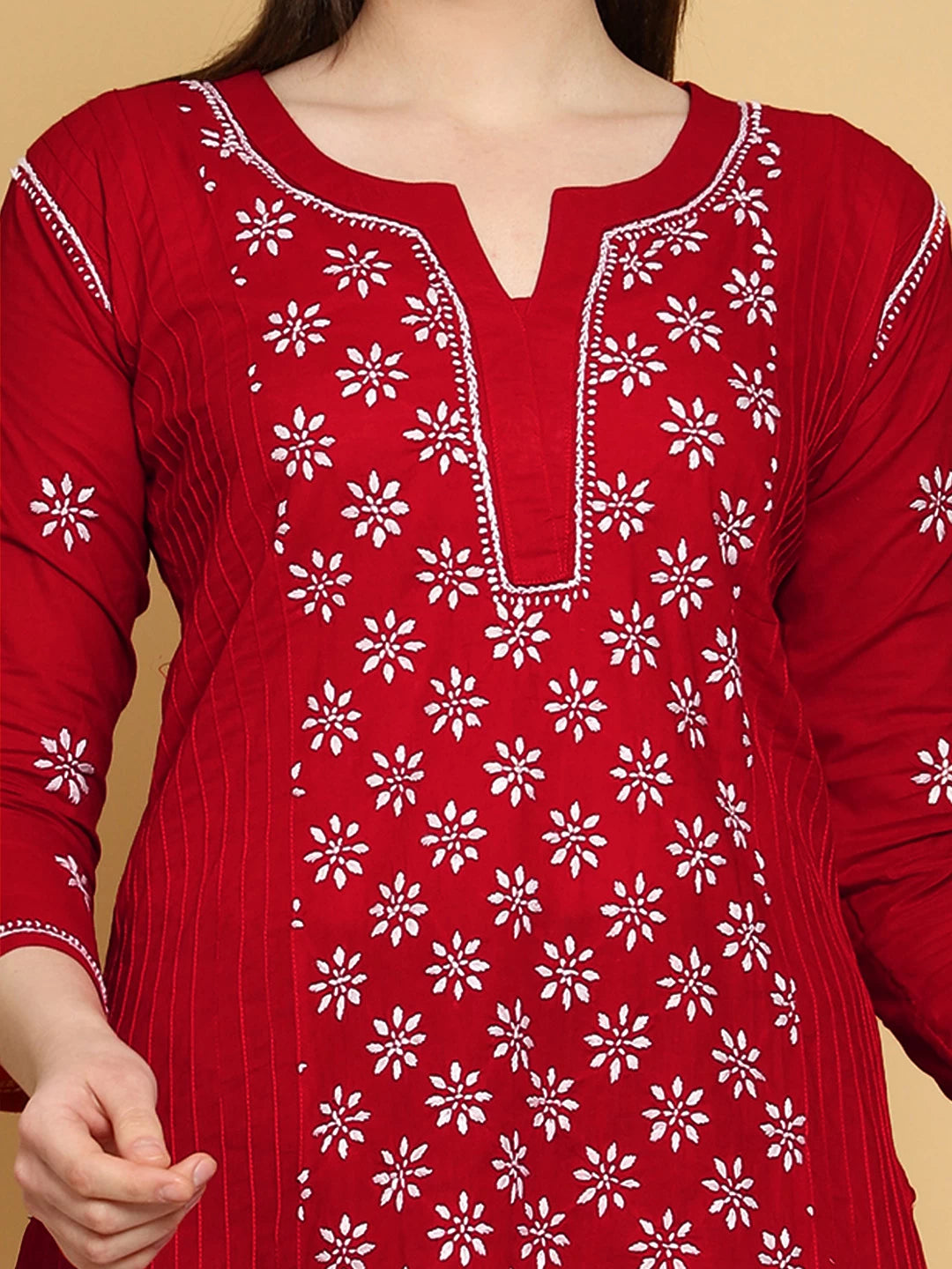 Ada Hand Embroidered Red Cotton Lucknowi Chikankari Straight Kurti A911289