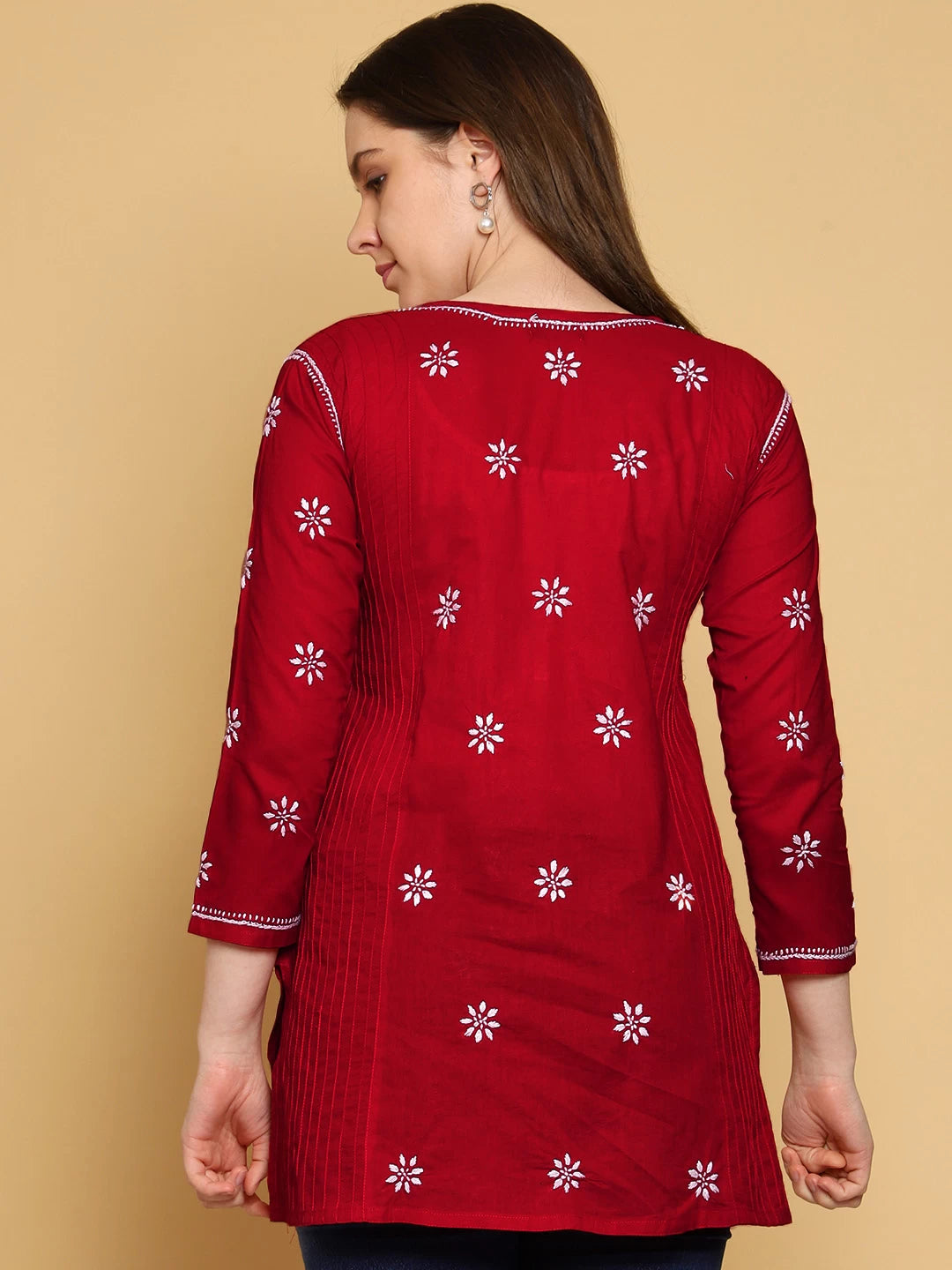 Ada Hand Embroidered Red Cotton Lucknowi Chikankari Straight Kurti A911289