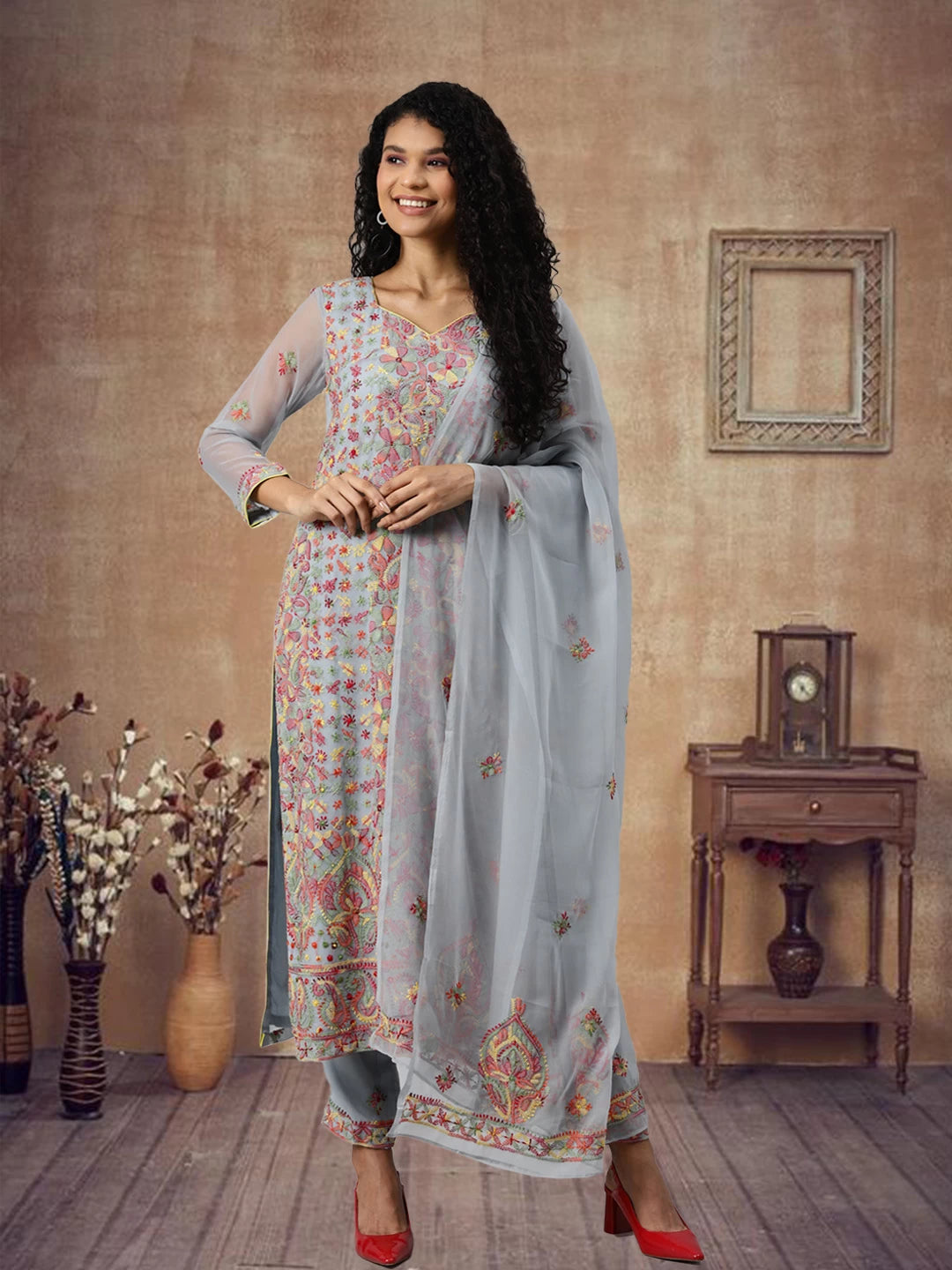 Ada Hand Embroidered Grey Georgette Lucknowi Chikankari Unstitched Suit Piece A211168