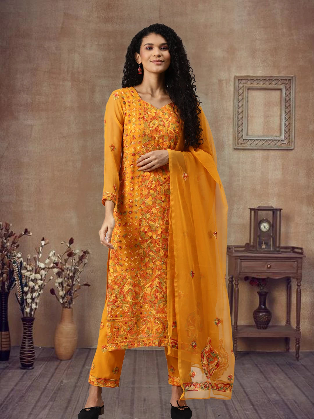 Ada Hand Embroidered Mustard Georgette Lucknowi Chikankari Unstitched Suit Piece A211172