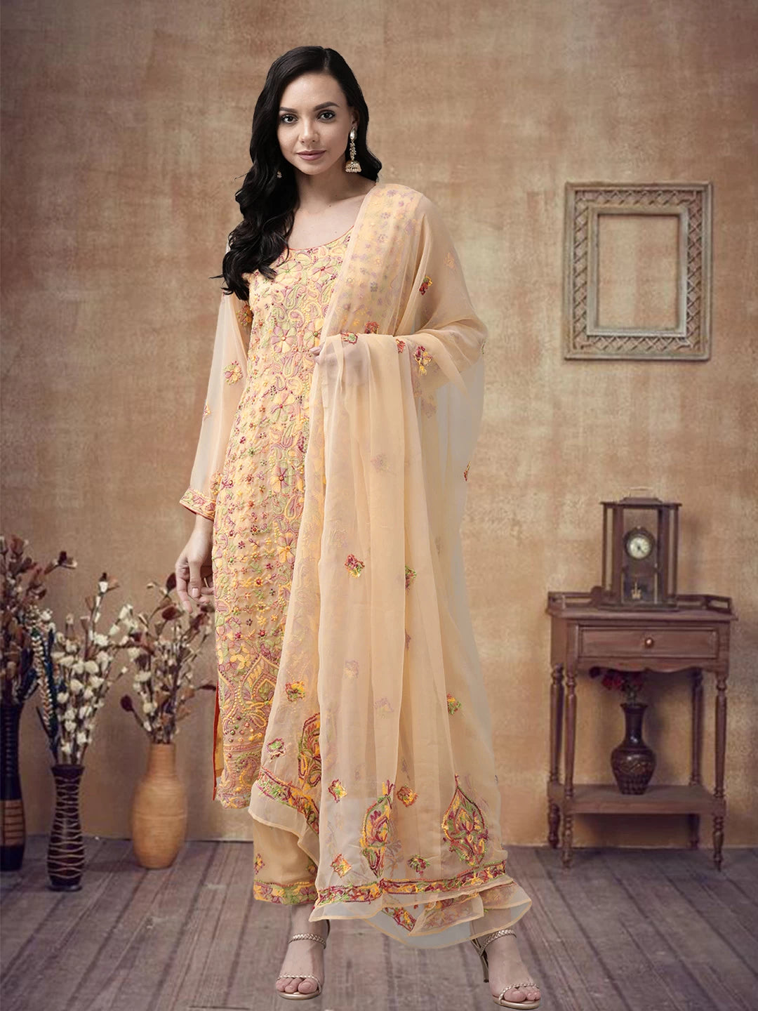 Ada Hand Embroidered Fawn Georgette Lucknowi Chikankari Unstitched Suit Piece A211178