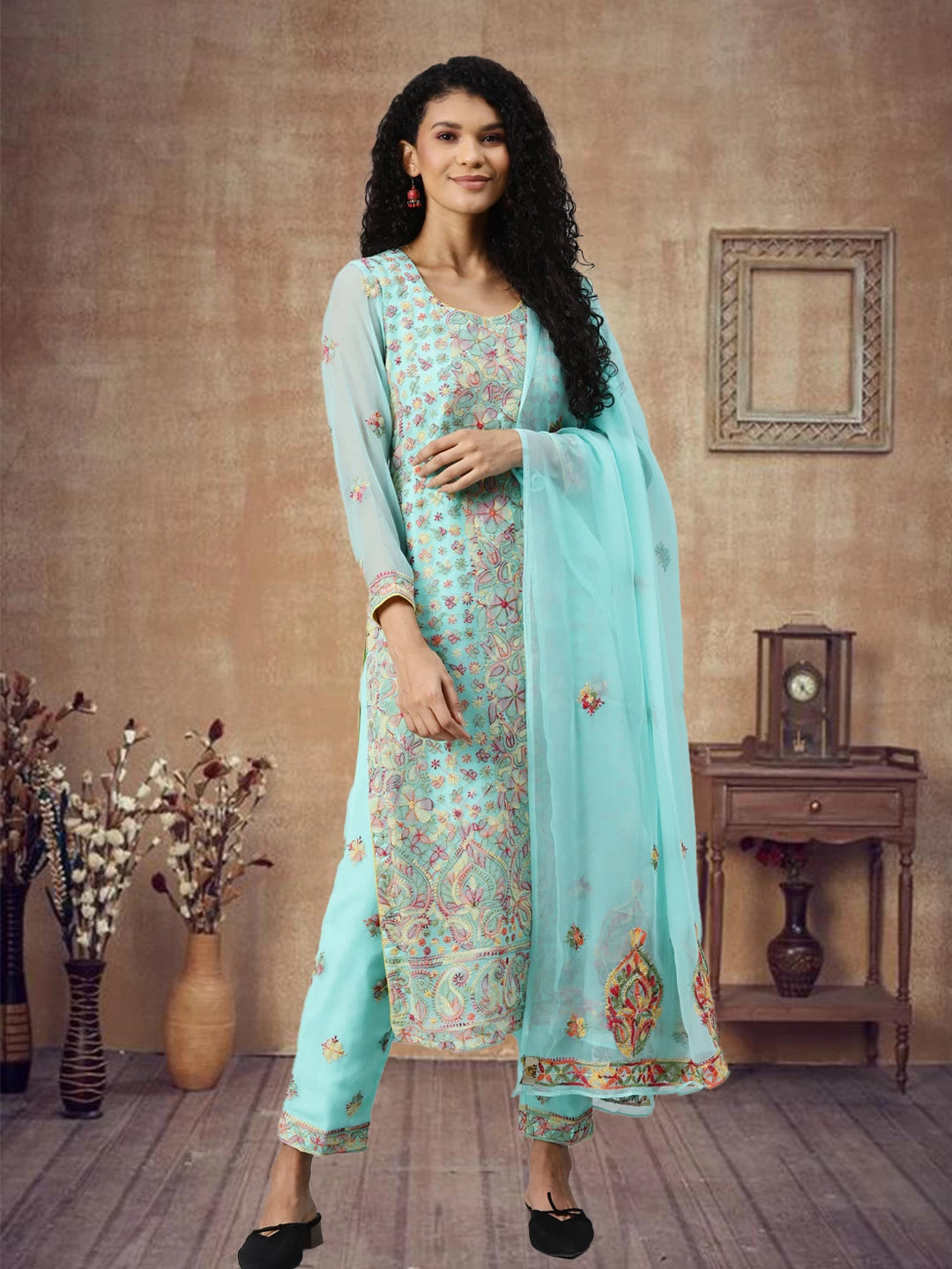 Ada Hand Embroidered Sea Green Georgette Lucknowi Chikankari Unstitched Suit Piece A211180