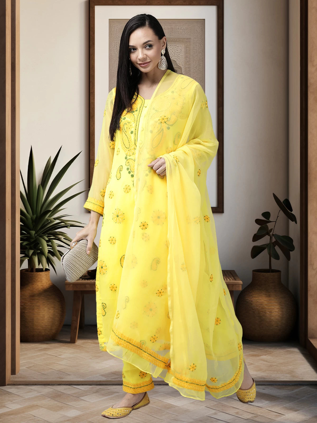Ada Hand Embroidered Yellow Georgette Lucknowi Chikankari Unstitched Suit Piece A211189