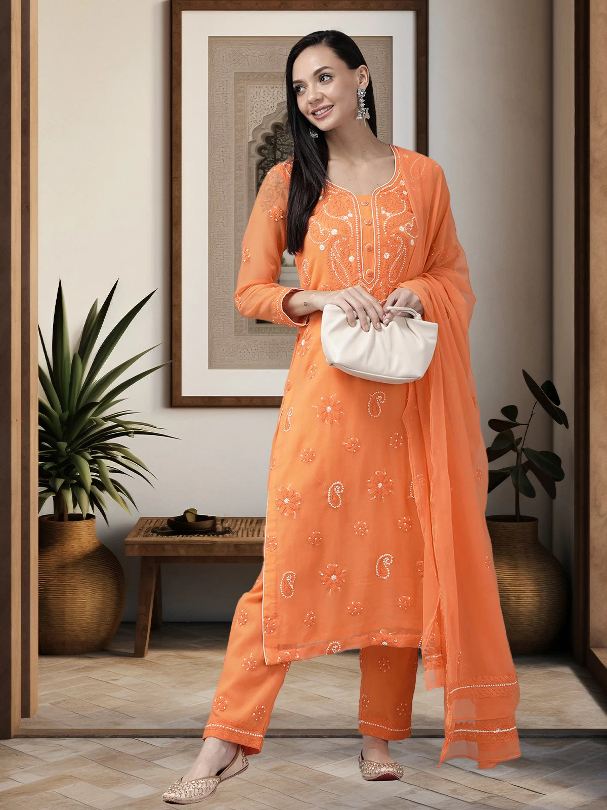 Ada Hand Embroidered Rust Georgette Lucknowi Chikankari Unstitched Suit Piece A211190