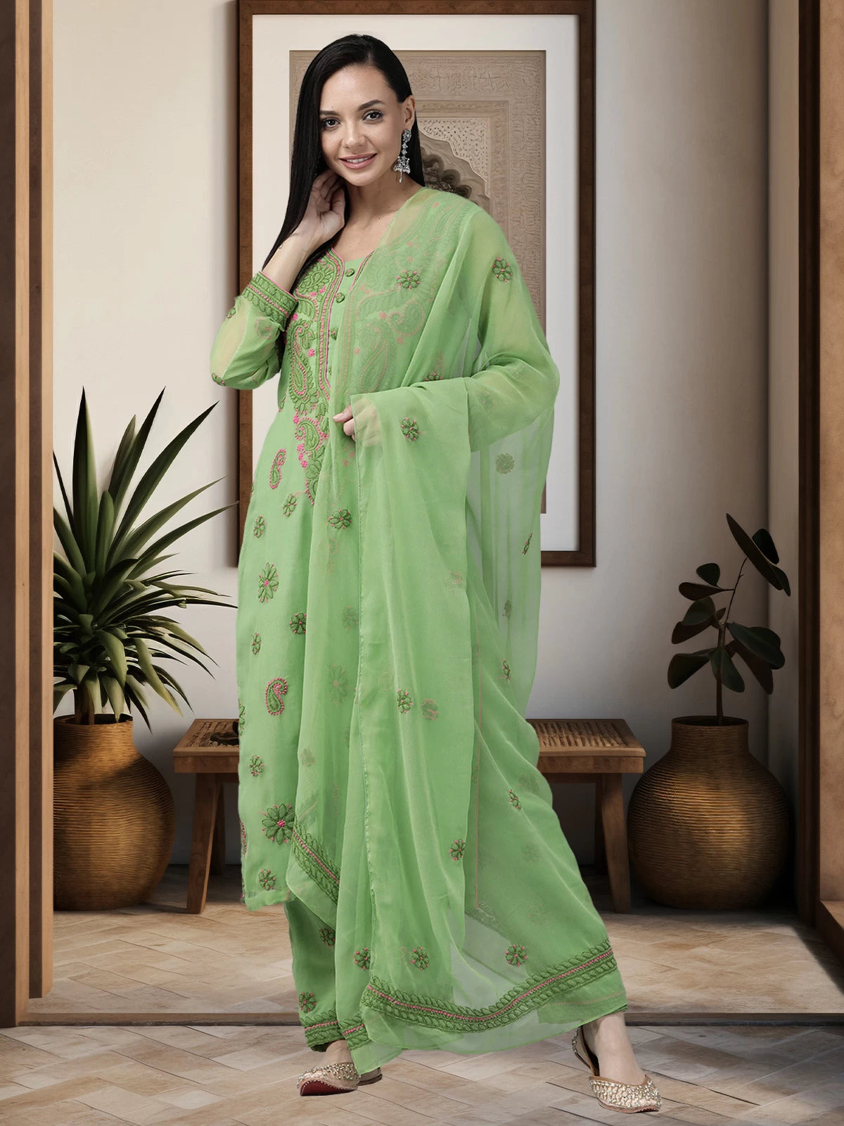 Ada Hand Embroidered Green Georgette Lucknowi Chikankari Unstitched Suit Piece A211191
