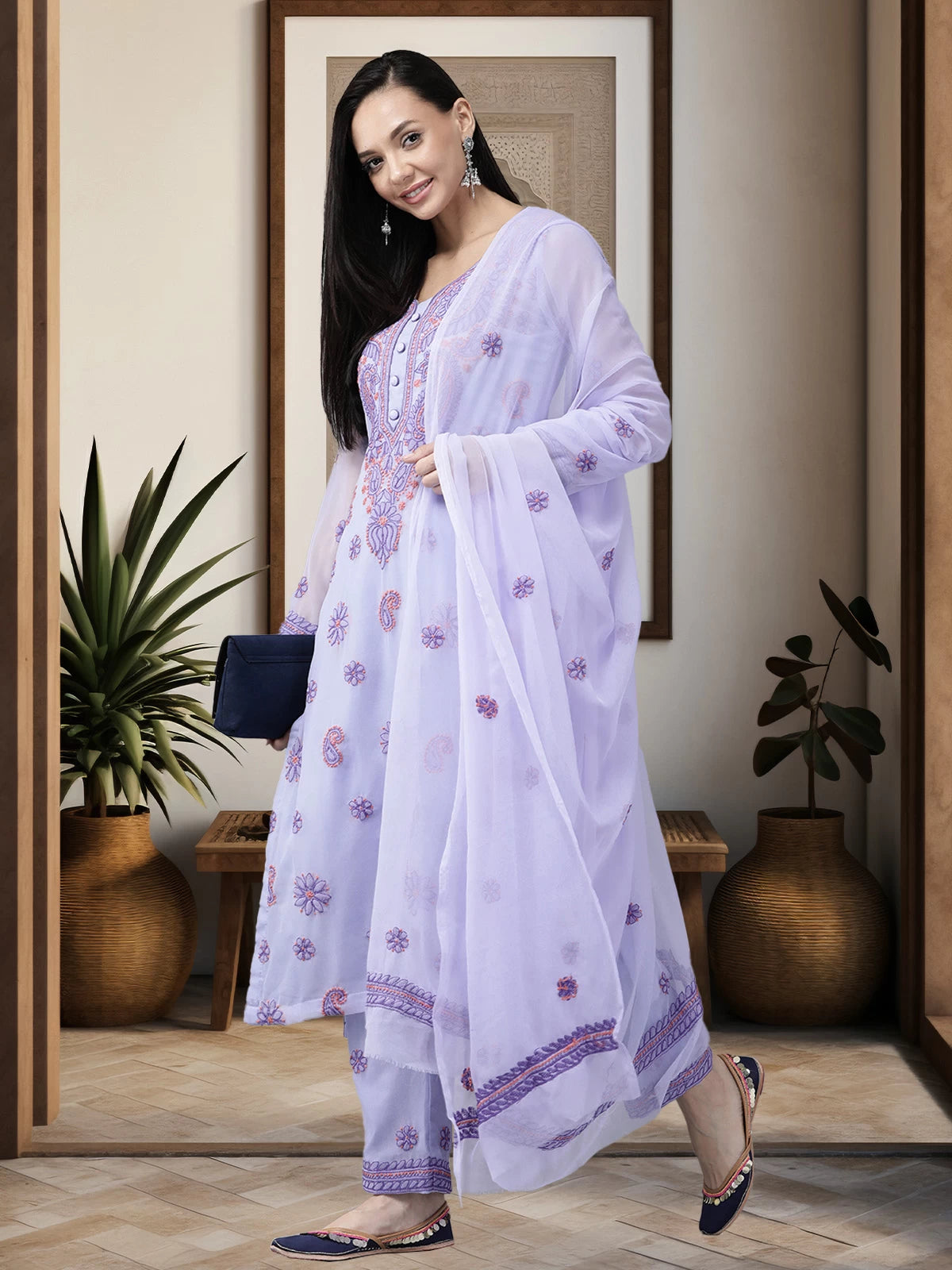 Ada Hand Embroidered Mauve Georgette Lucknowi Chikan Unstitched Suit Piece A211193