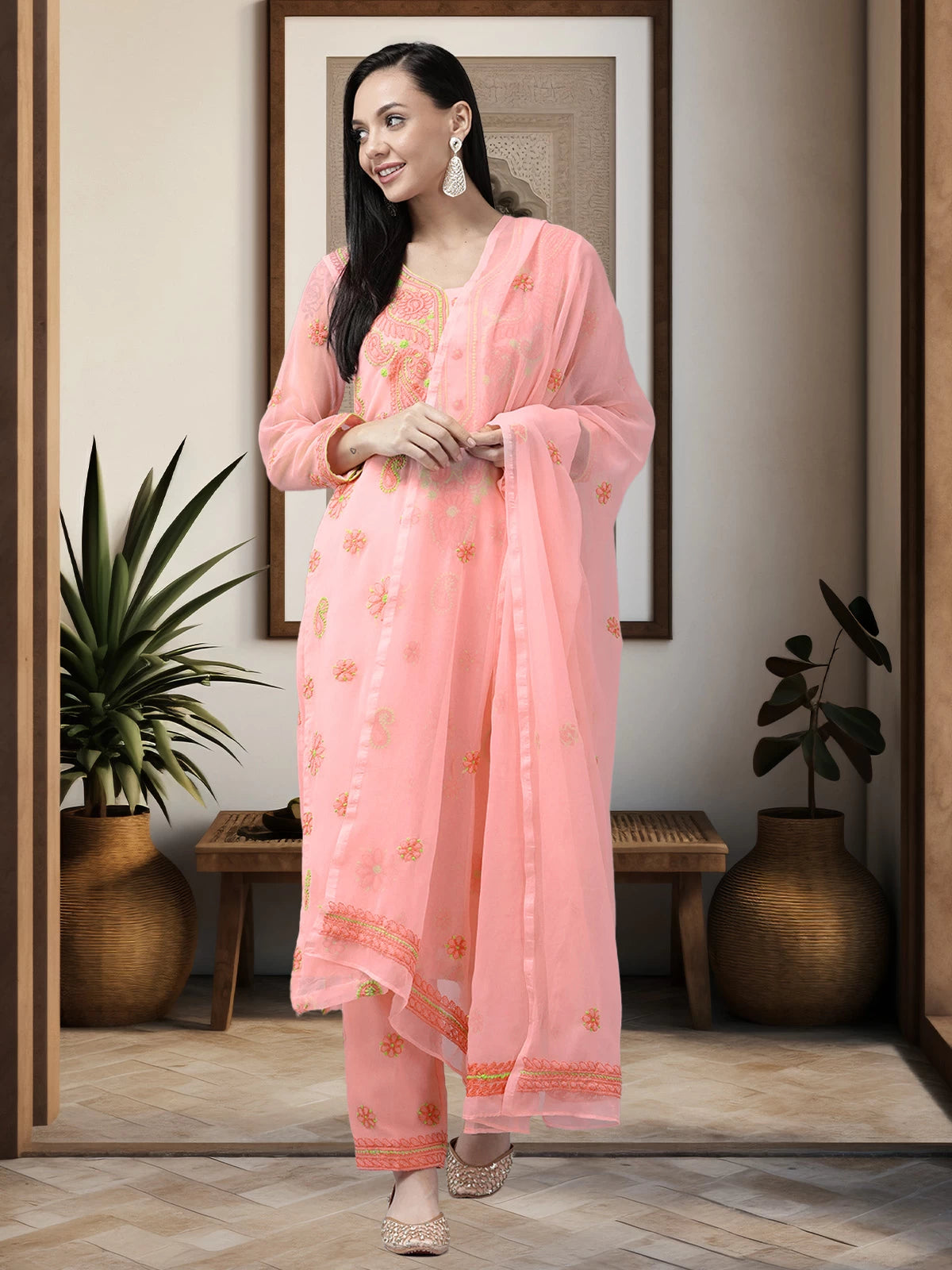 Ada Hand Embroidered Peach Georgette Lucknowi Chikankari Unstitched Suit Piece A211192