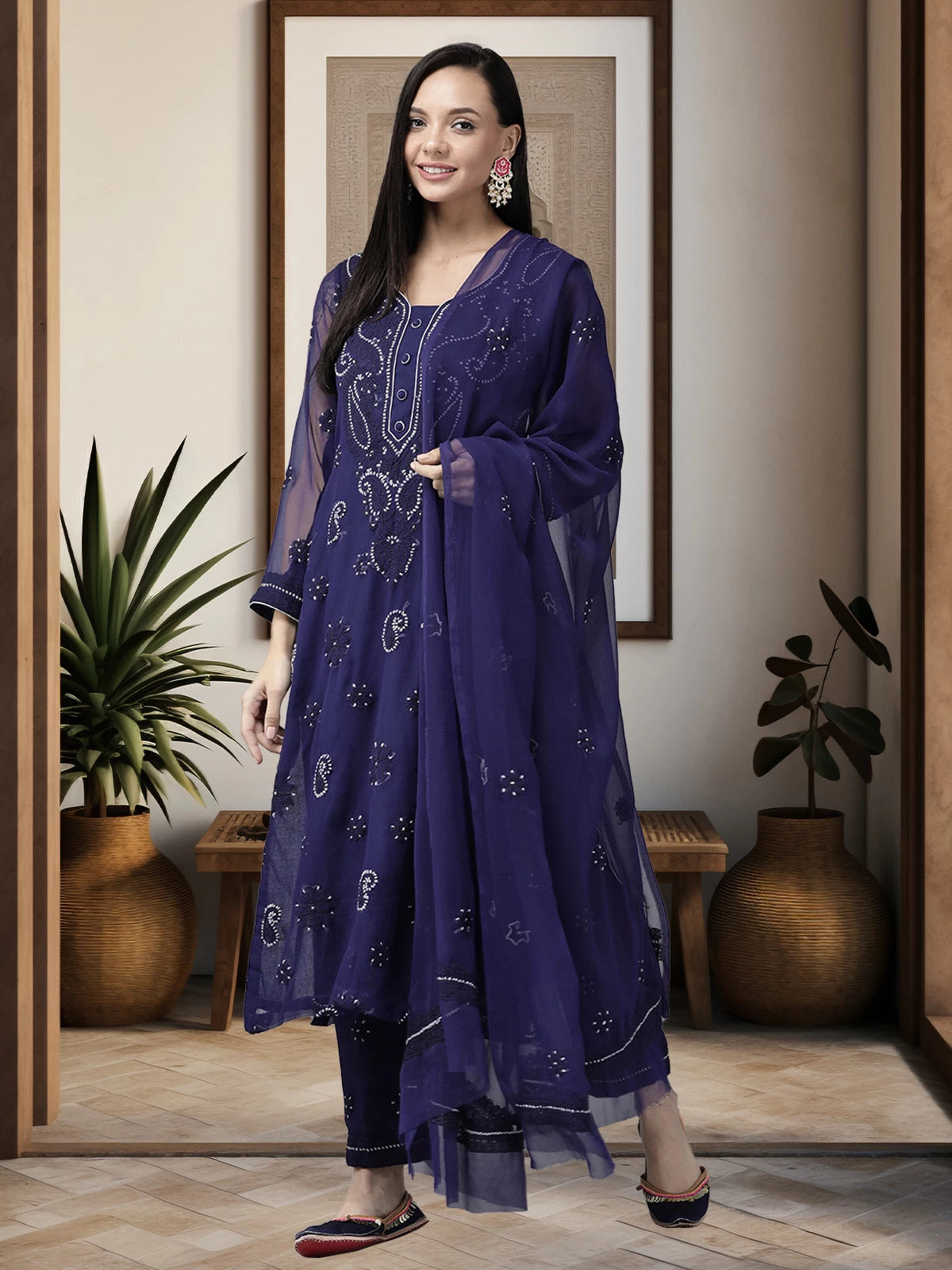 Ada Hand Embroidered Navy Blue Georgette Lucknowi Chikankari Unstitched Suit Piece A211194
