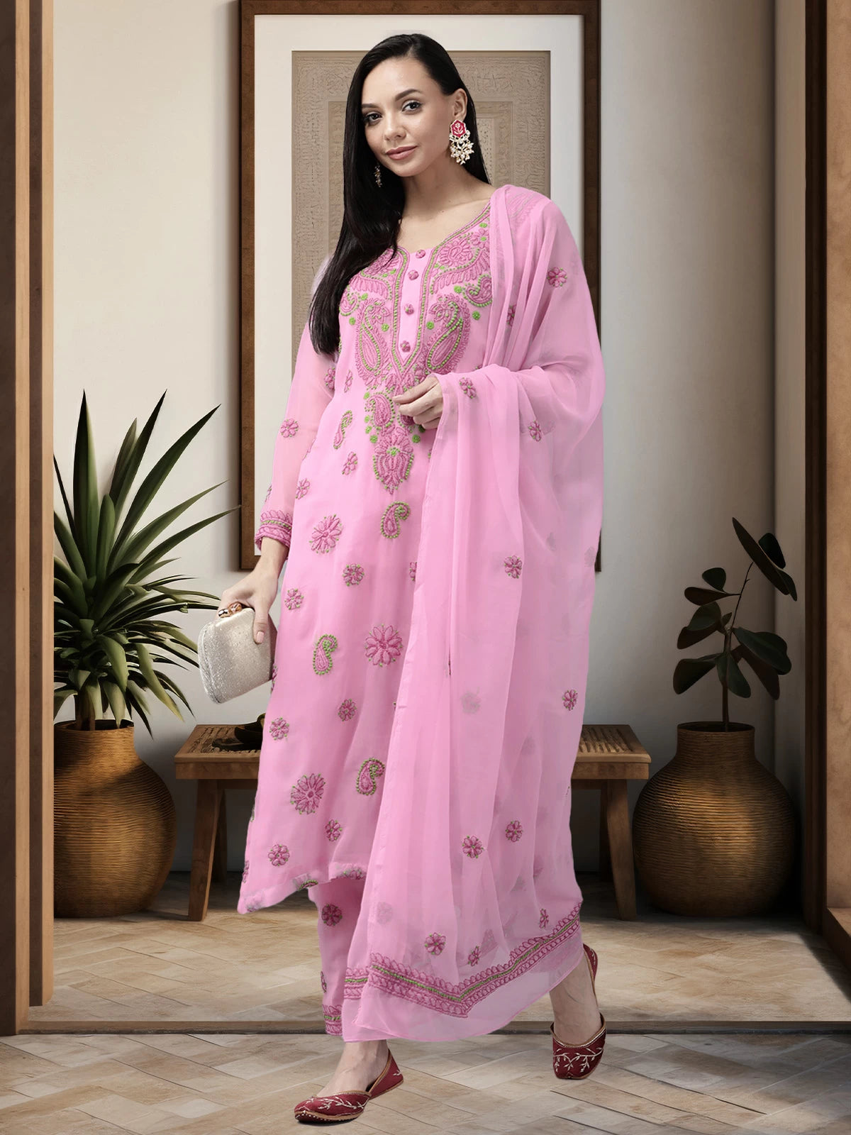 Ada Hand Embroidered Pink Georgette Lucknowi Chikankari Unstitched Suit Piece A211195