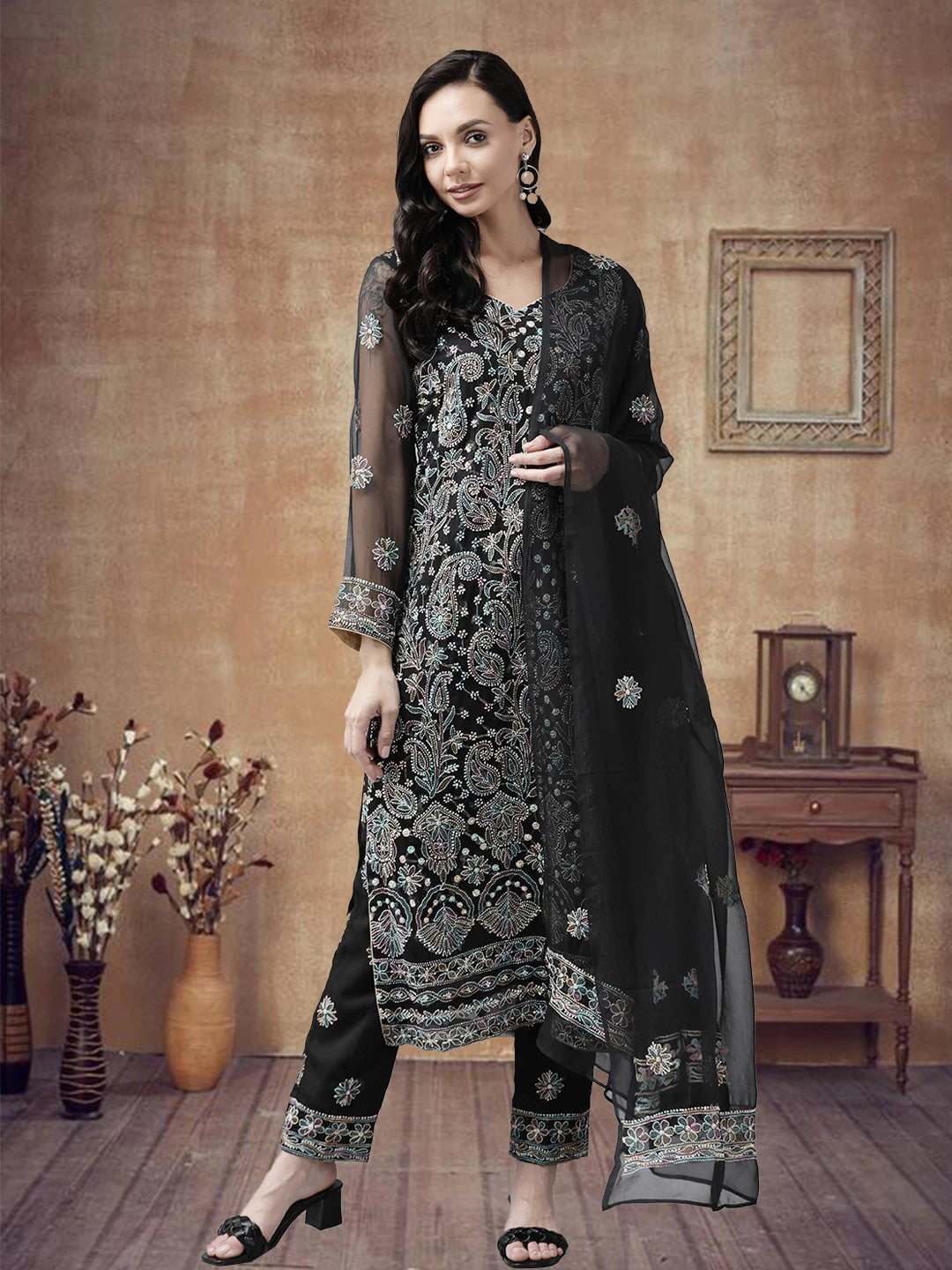 Ada Hand Embroidered Black Georgette Lucknowi Chikan Unstitched Suit Piece A211196