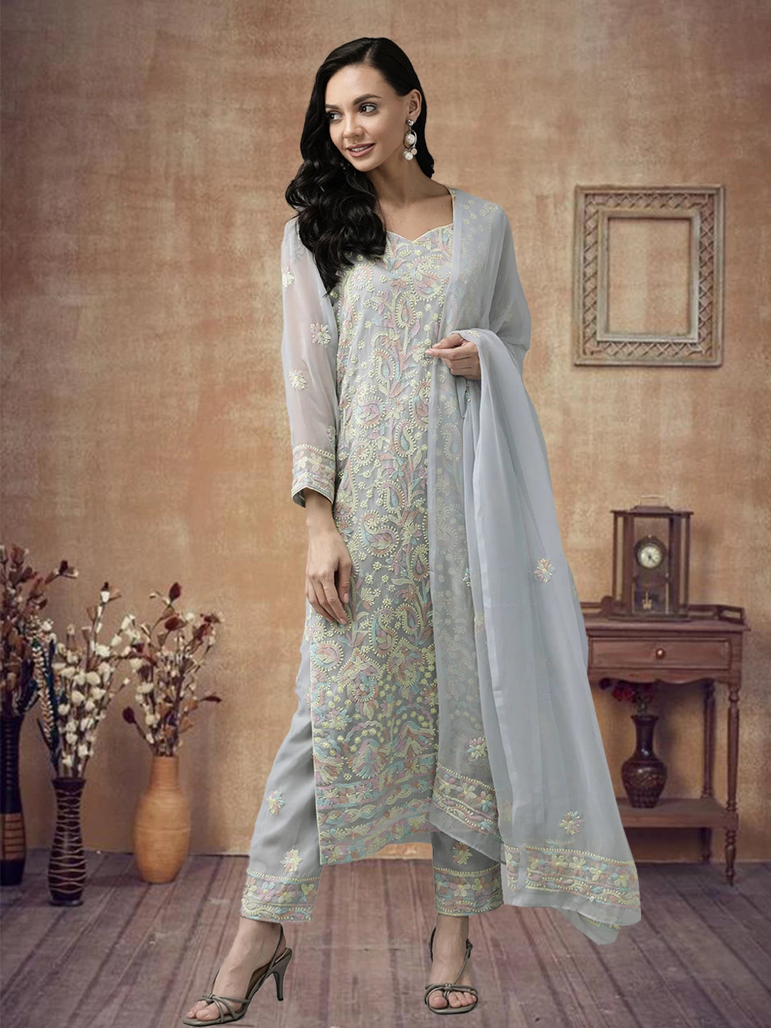 Ada Hand Embroidered Grey Georgette Lucknowi Chikankari Unstitched Suit Piece A211197