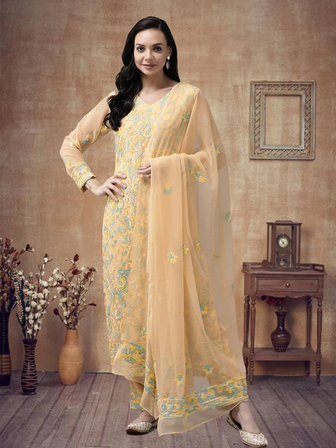 Ada Hand Embroidered Fawn Georgette Lucknowi Chikan Unstitched Suit Piece - A211198