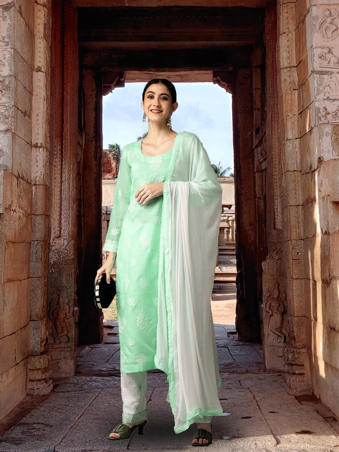 Ada Hand Embroidered Sea Green Cotton Lucknowi Chikankari Unstitched Suit Piece A211199