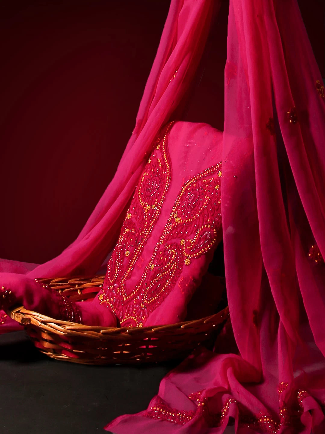 Ada Hand Embroidered Magenta Pink Georgette Lucknowi Chikankari Unstitched Suit Piece With Cutdana Work 01A260528