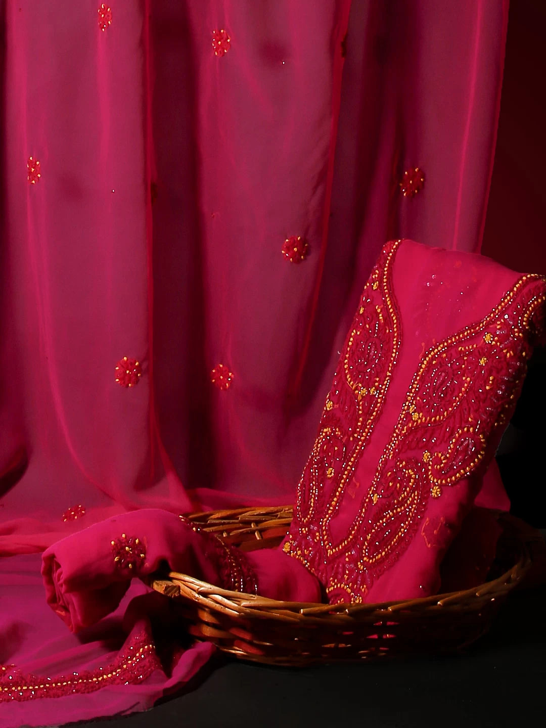 Ada Hand Embroidered Magenta Pink Georgette Lucknowi Chikankari Unstitched Suit Piece With Cutdana Work 01A260528