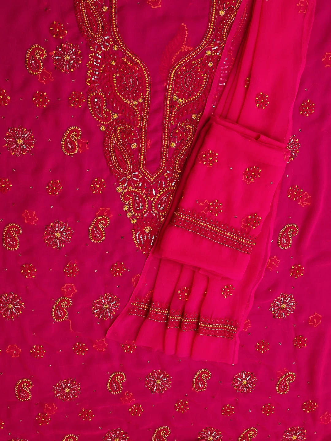 Ada Hand Embroidered Magenta Pink Georgette Lucknowi Chikankari Unstitched Suit Piece With Cutdana Work 01A260528