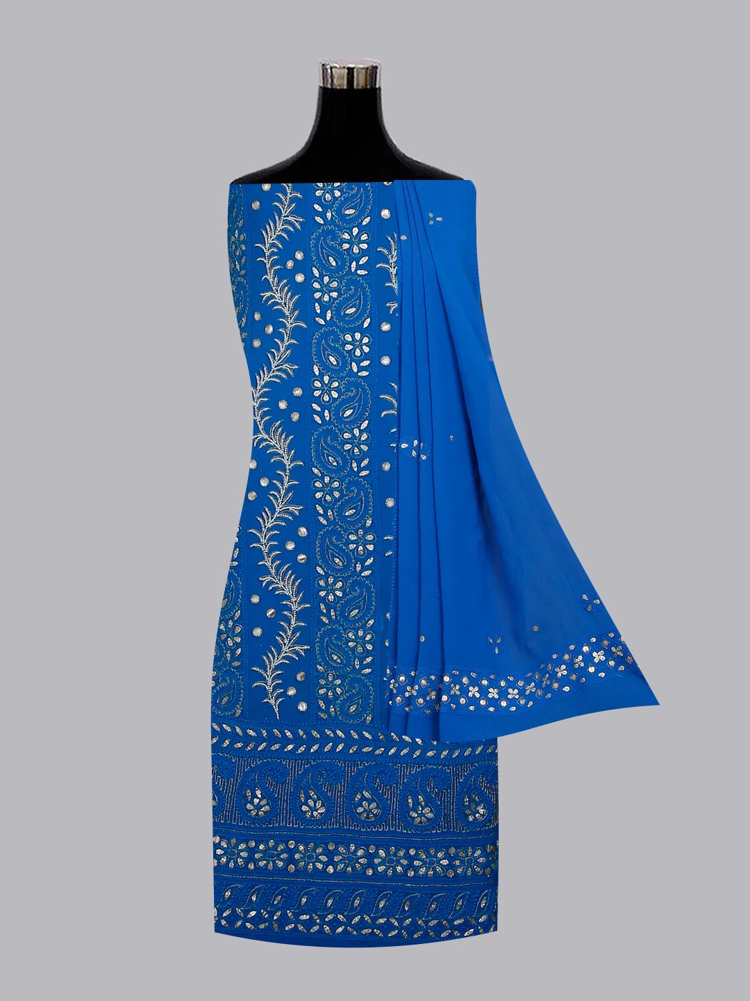 Ada Hand Embroidered Royal Blue Viscose Georgette Lucknowi Chikankari Unstitched Kurta Dupatta Set With Pearl Work 01A405953