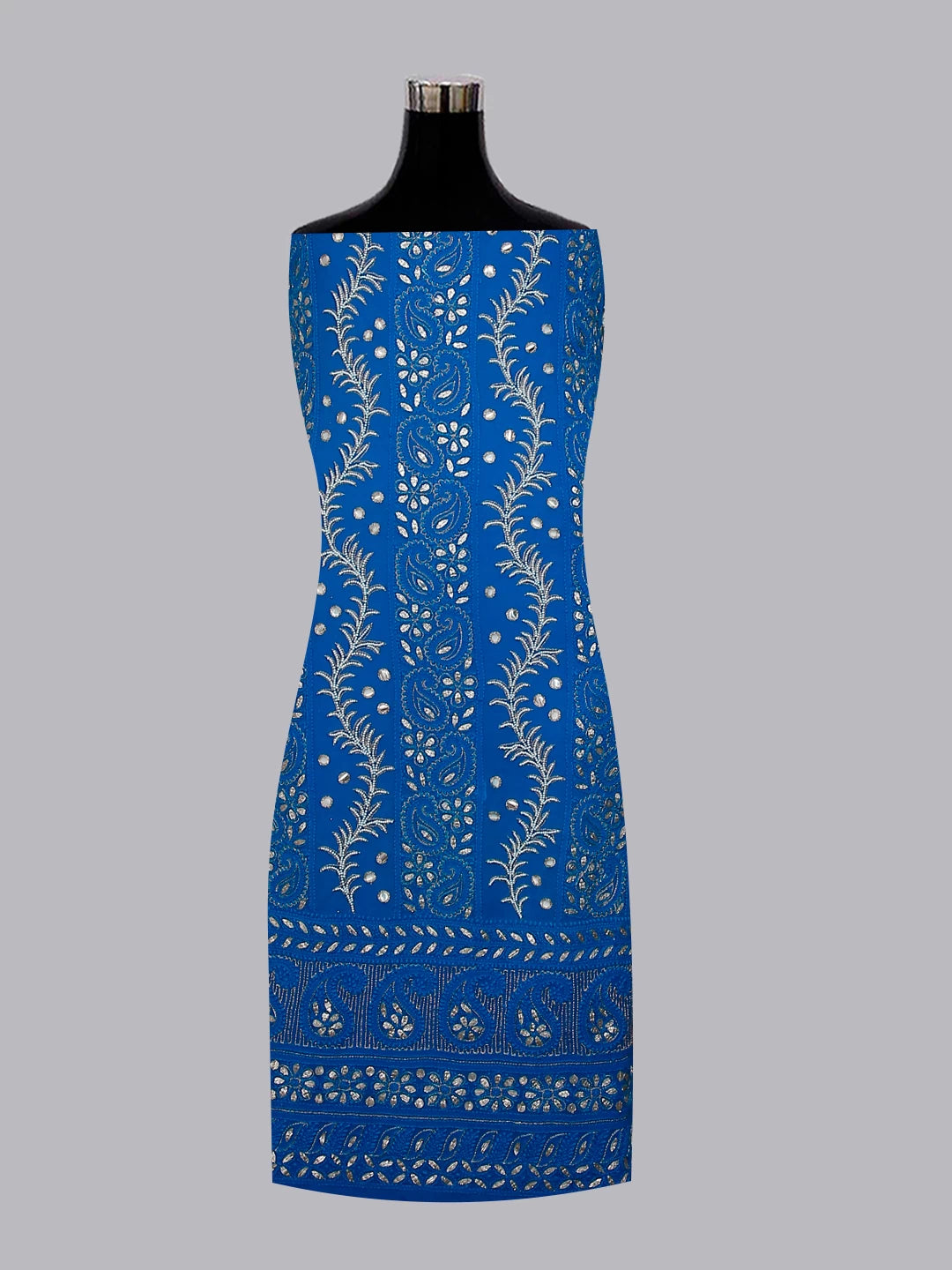 Ada Hand Embroidered Royal Blue Viscose Georgette Lucknowi Chikankari Unstitched Kurta Dupatta Set With Pearl Work 01A405953