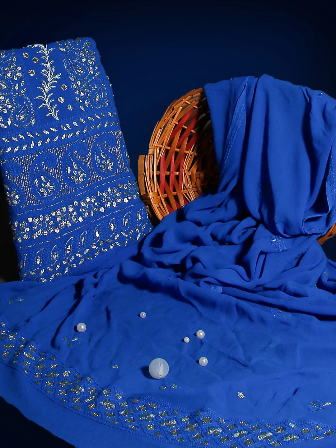 Ada Hand Embroidered Royal Blue Viscose Georgette Lucknowi Chikankari Unstitched Kurta Dupatta Set With Pearl Work 01A405953