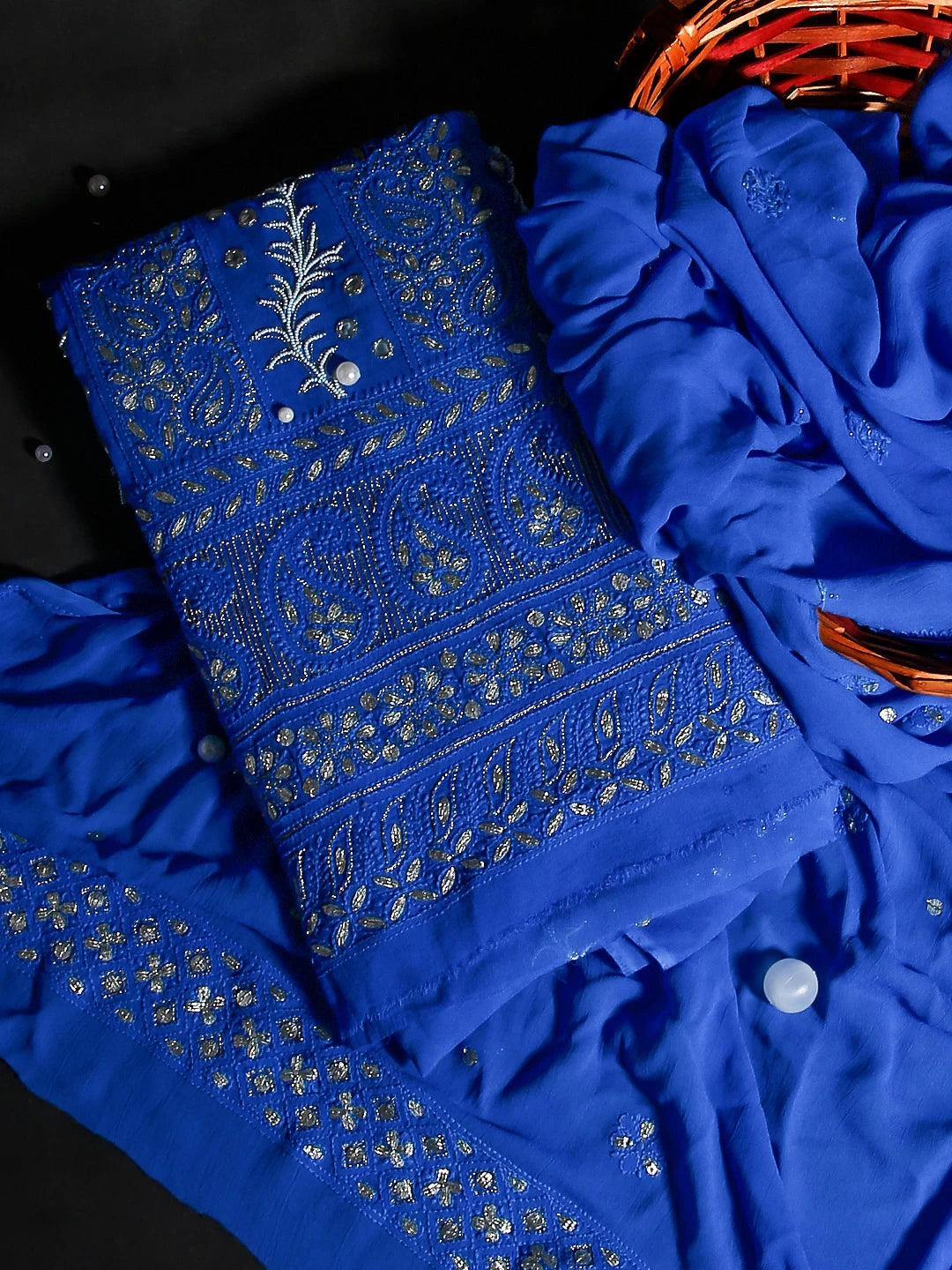 Ada Hand Embroidered Royal Blue Viscose Georgette Lucknowi Chikankari Unstitched Kurta Dupatta Set With Pearl Work 01A405953