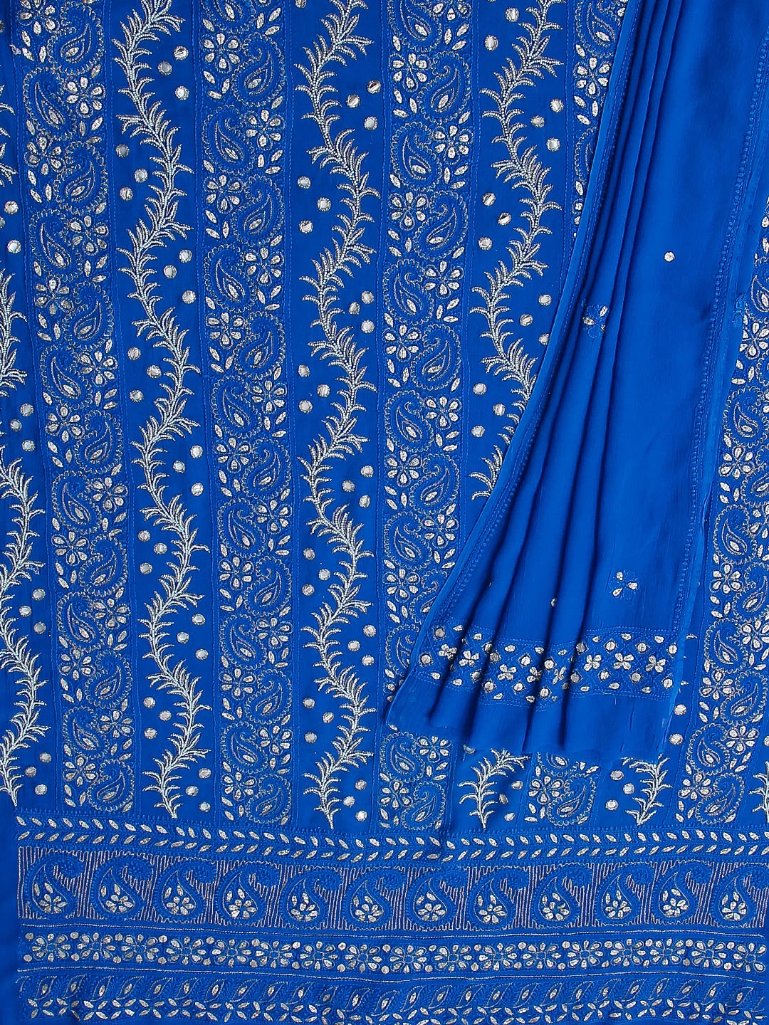 Ada Hand Embroidered Royal Blue Viscose Georgette Lucknowi Chikankari Unstitched Kurta Dupatta Set With Pearl Work 01A405953