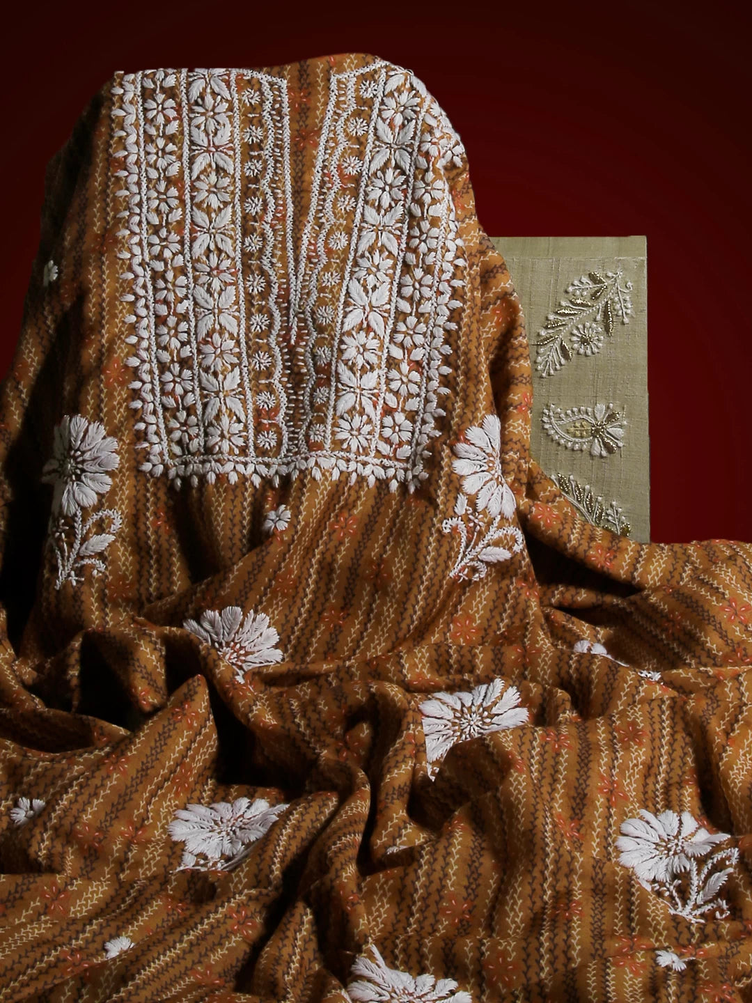 Ada Hand Embroidered Brown Muslin Lucknowi Chikankari Unstitched Kurta Piece 01A426055