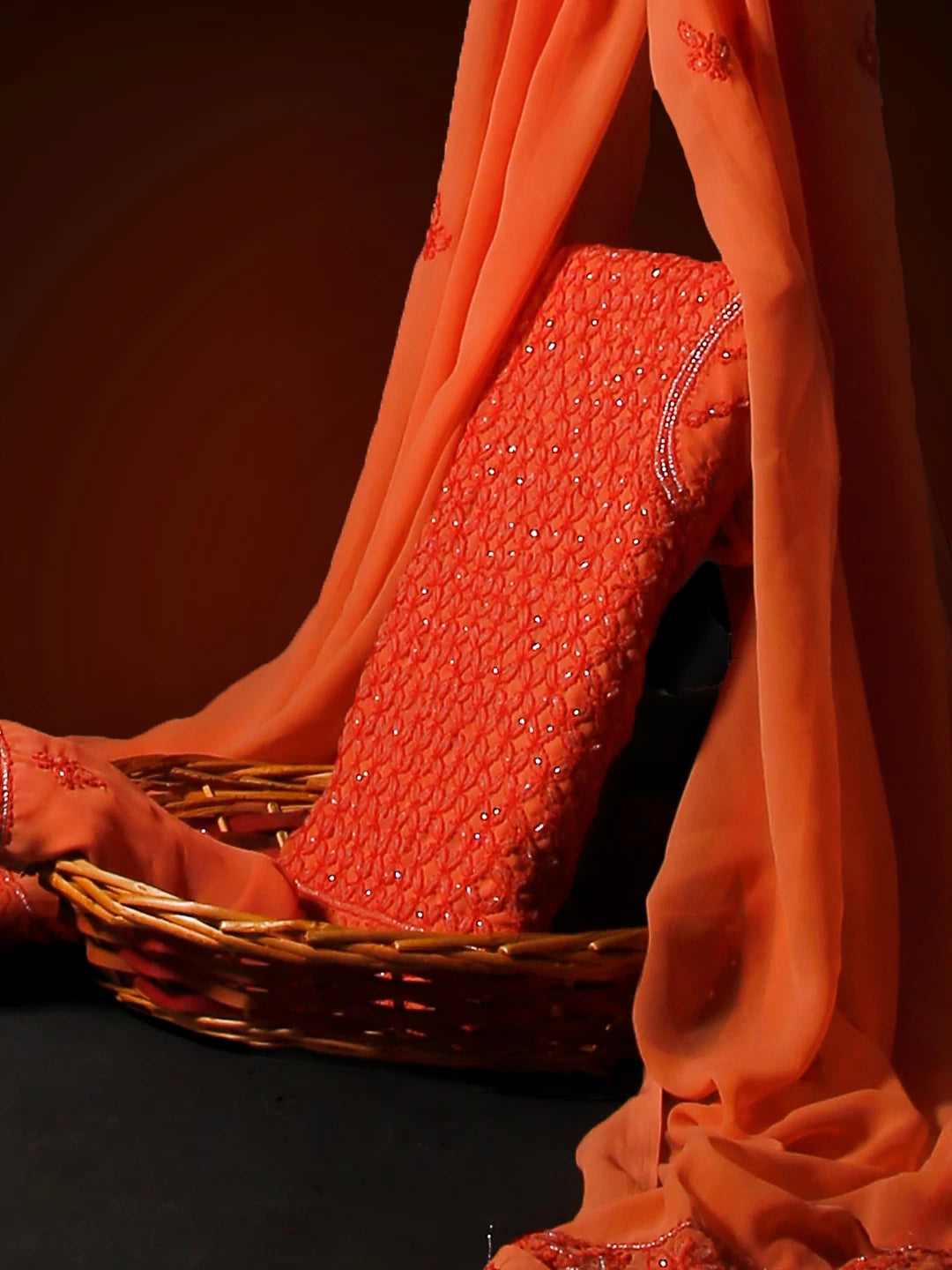 Ada Hand Embroidered Peach Georgette Lucknowi Chikankari Unstitched Suit Piece With Gotapatti Work 01A384110