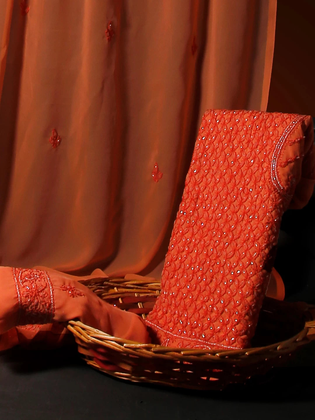 Ada Hand Embroidered Peach Georgette Lucknowi Chikankari Unstitched Suit Piece With Gotapatti Work 01A384110