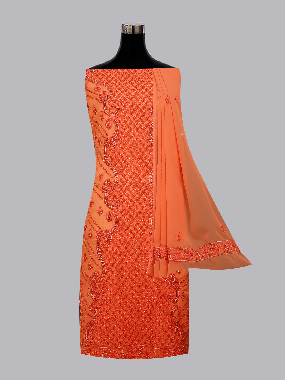 Ada Hand Embroidered Peach Georgette Lucknowi Chikankari Unstitched Suit Piece With Gotapatti Work 01A384110