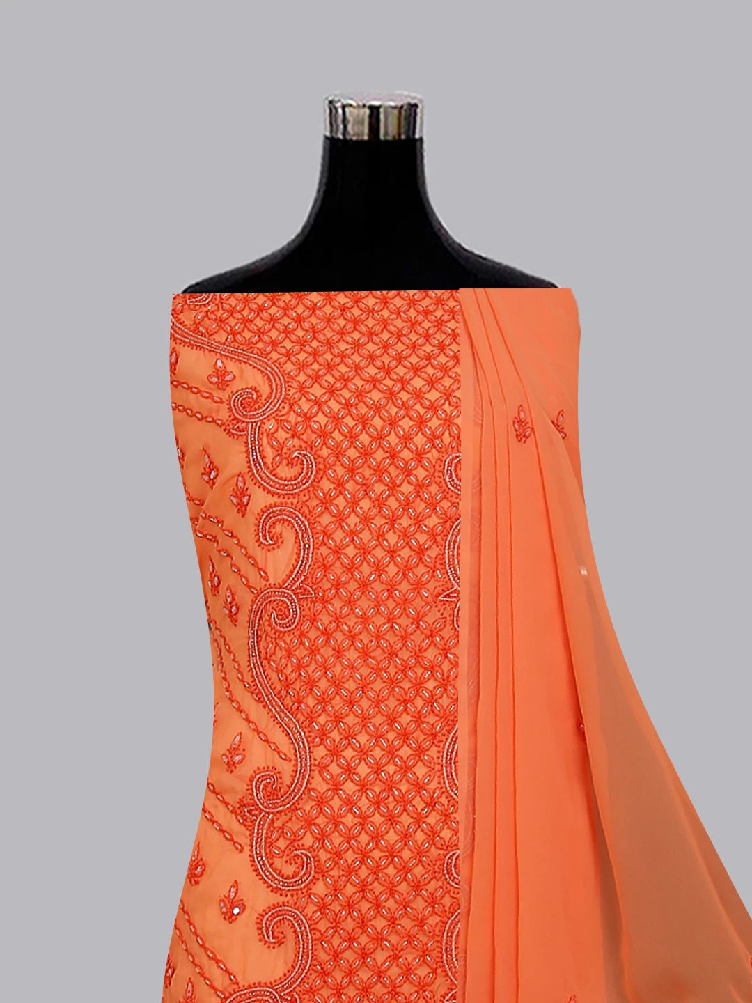Ada Hand Embroidered Peach Georgette Lucknowi Chikankari Unstitched Suit Piece With Gotapatti Work 01A384110