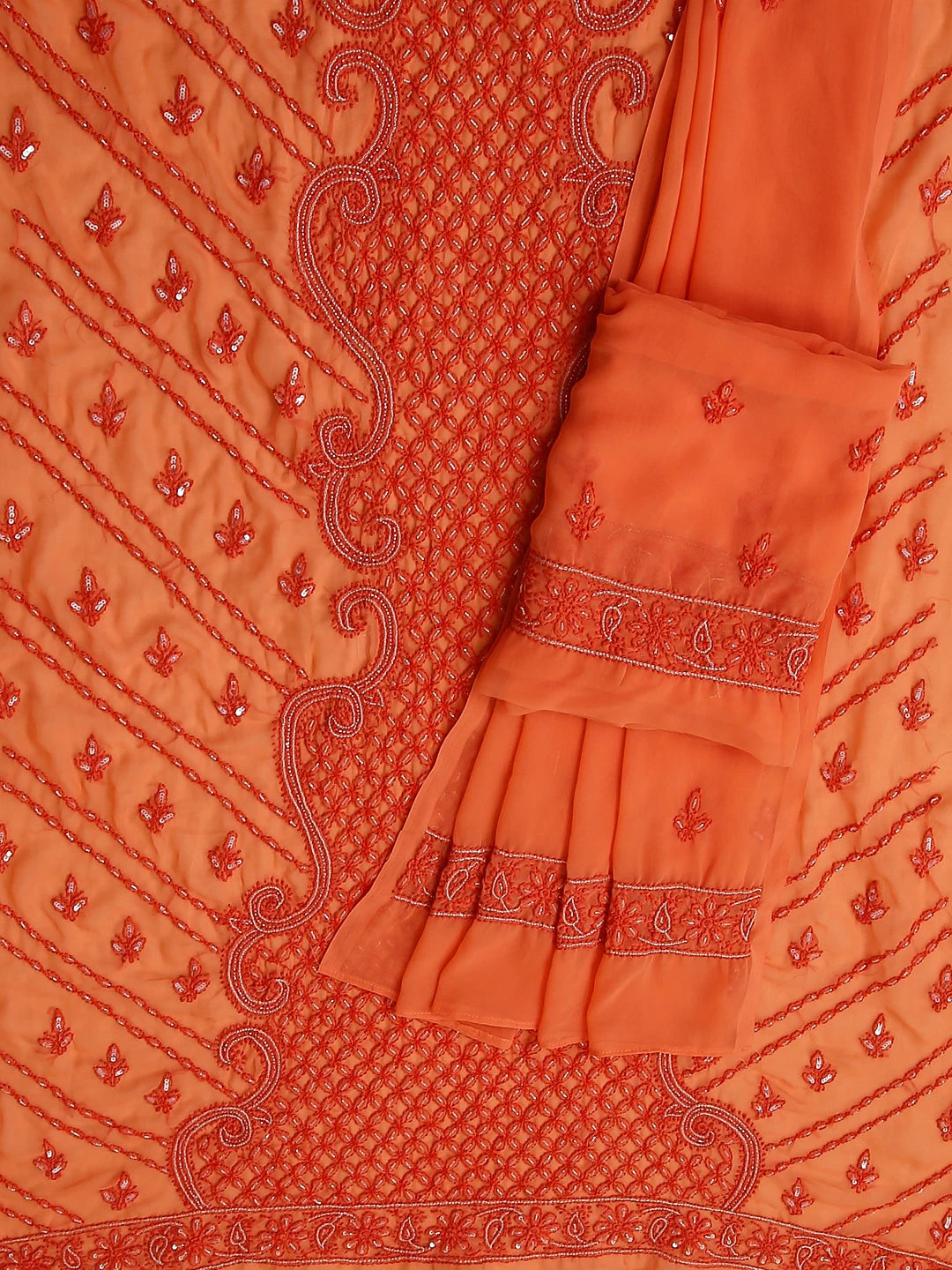 Ada Hand Embroidered Peach Georgette Lucknowi Chikankari Unstitched Suit Piece With Gotapatti Work 01A384110