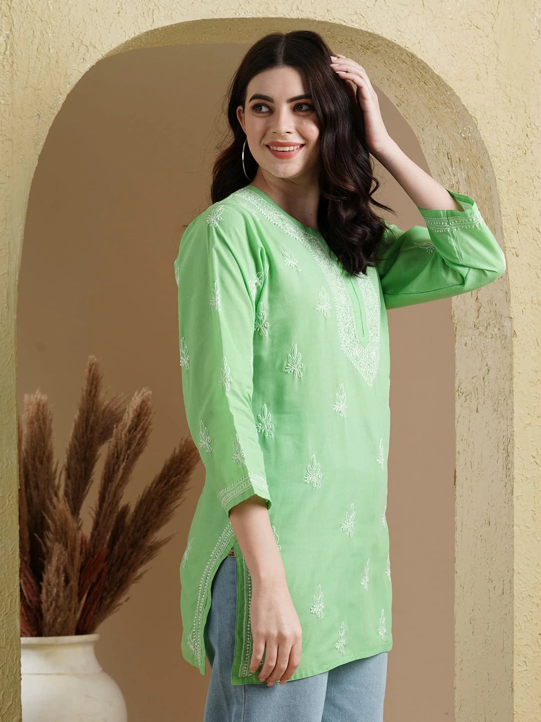 Ada Hand Embroidered Kelly Green Cotton Lucknowi Chikankari Short Kurti A911386
