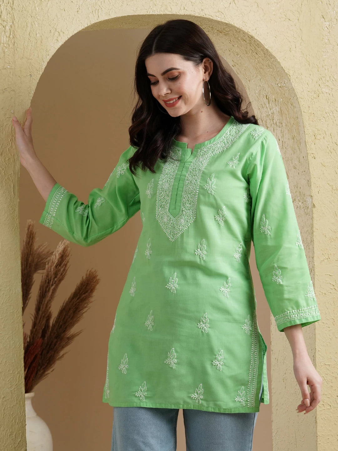 Ada Hand Embroidered Kelly Green Cotton Lucknowi Chikankari Short Kurti A911386