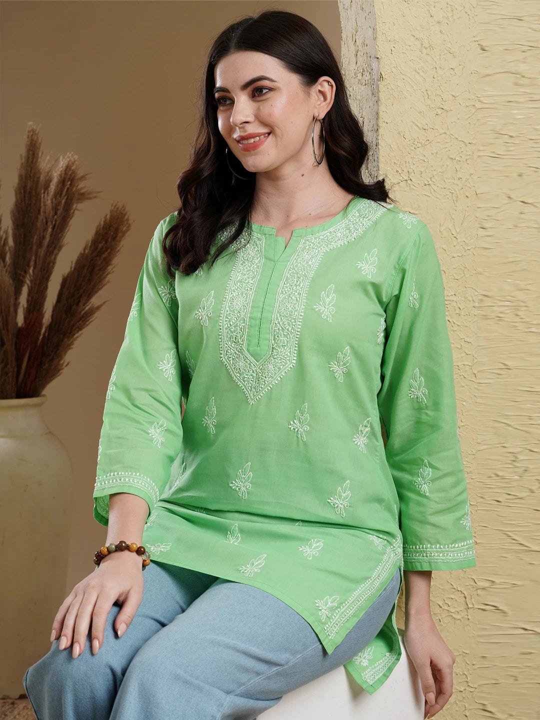 Ada Hand Embroidered Kelly Green Cotton Lucknowi Chikankari Short Kurti A911386