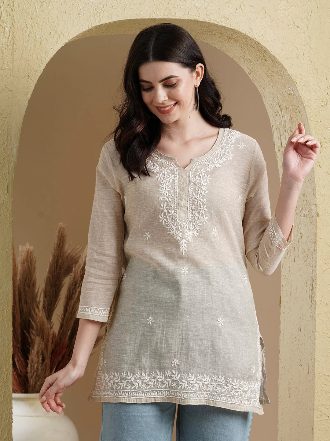 Ada Hand Embroidered Fawn Khadi Cotton Lucknowi Chikankari Short Kurti A911388