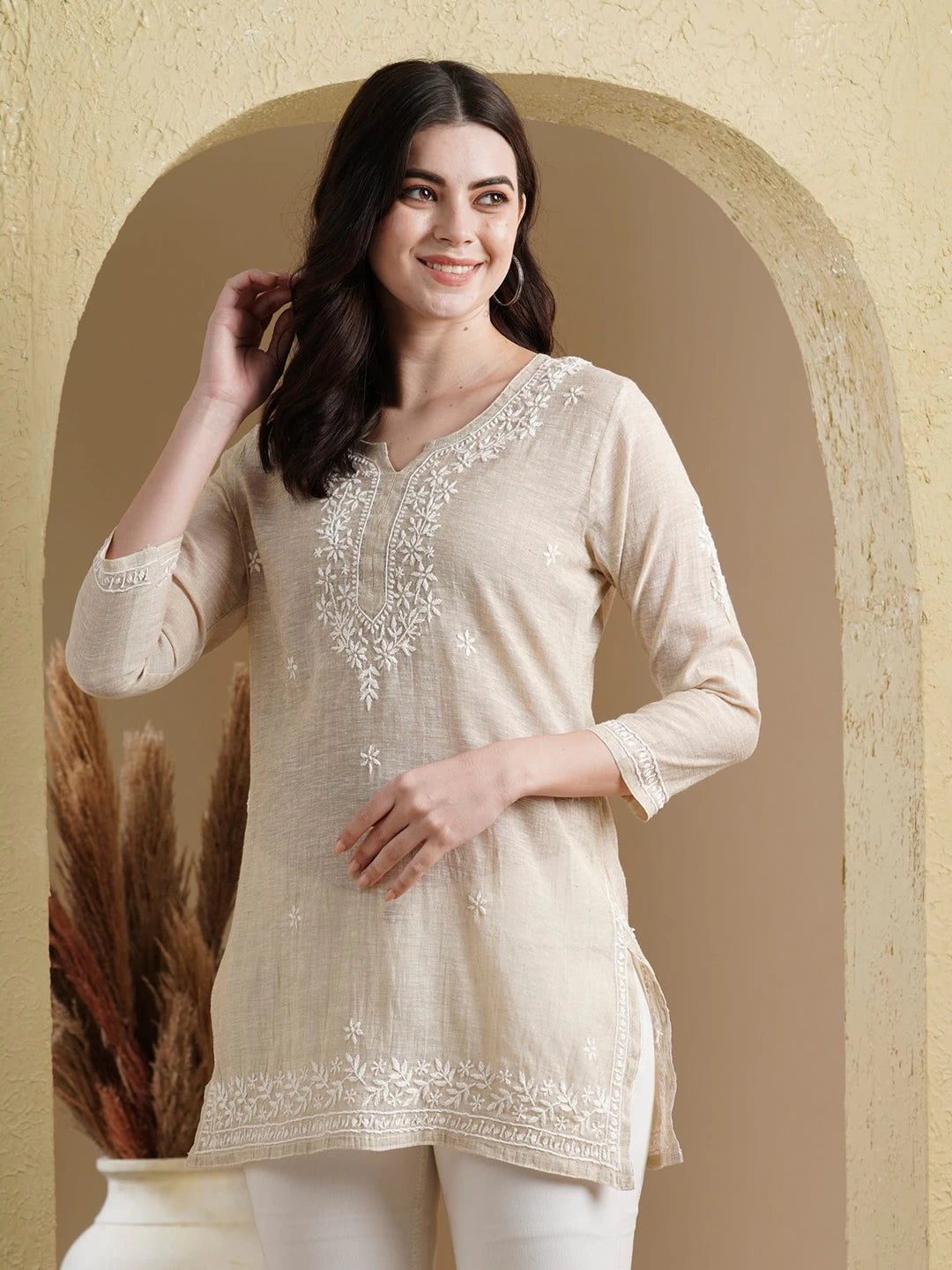 Ada Hand Embroidered Fawn Khadi Cotton Lucknowi Chikankari Short Kurti A911388