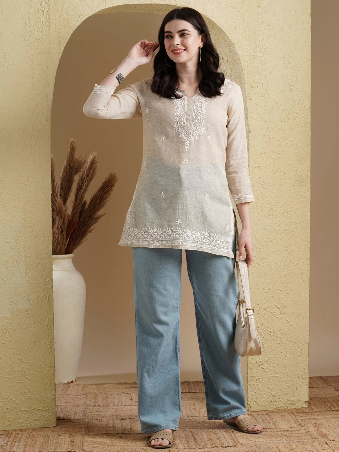 Ada Hand Embroidered Fawn Khadi Cotton Lucknowi Chikankari Short Kurti A911388