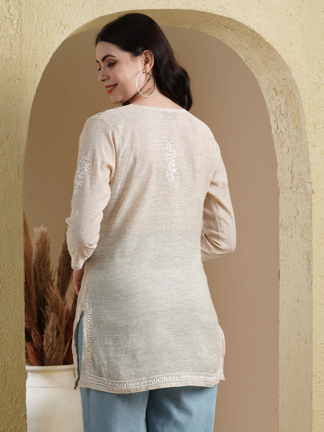 Ada Hand Embroidered Fawn Khadi Cotton Lucknowi Chikankari Short Kurti A911388