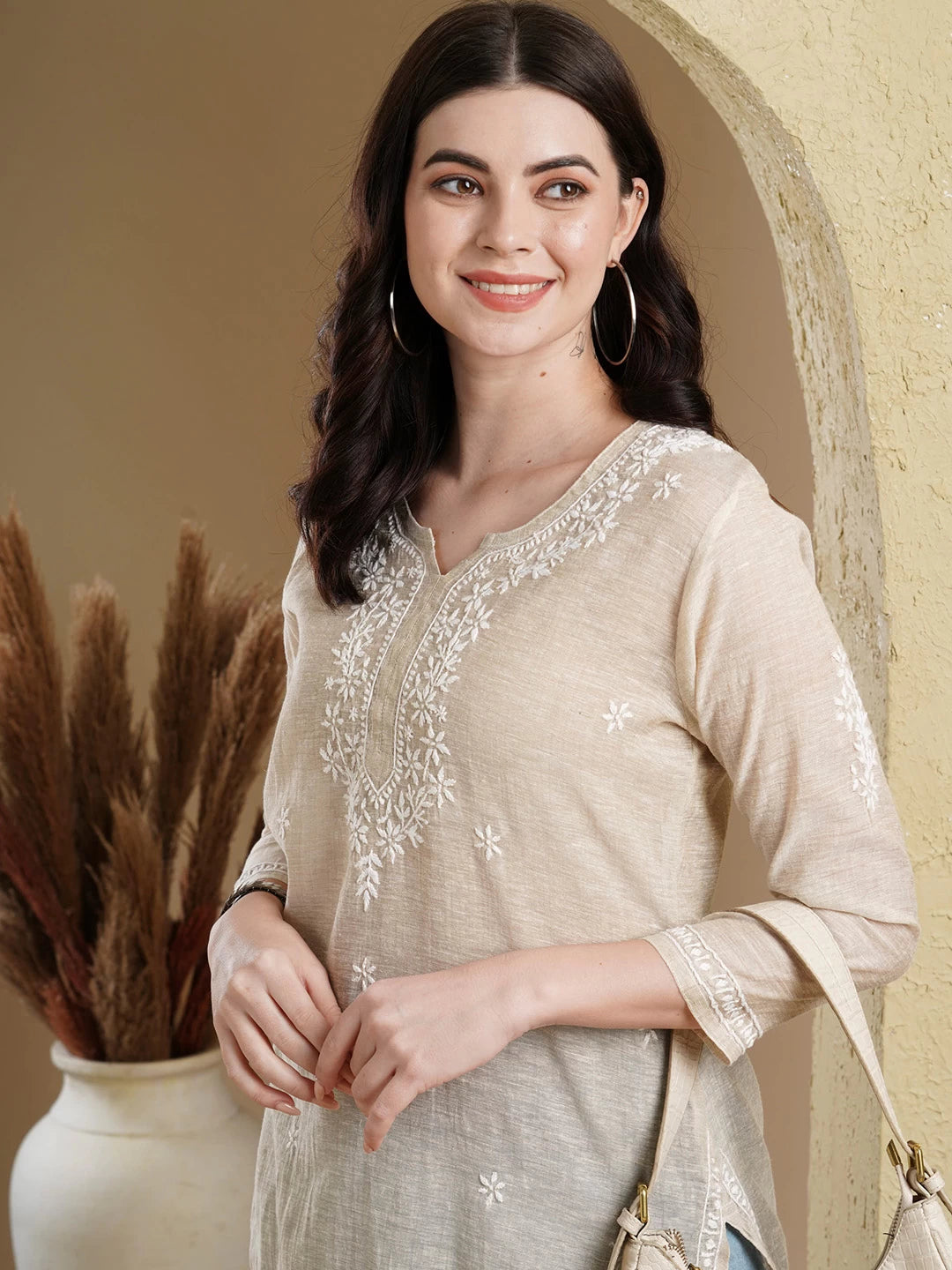 Ada Hand Embroidered Fawn Khadi Cotton Lucknowi Chikankari Short Kurti A911388