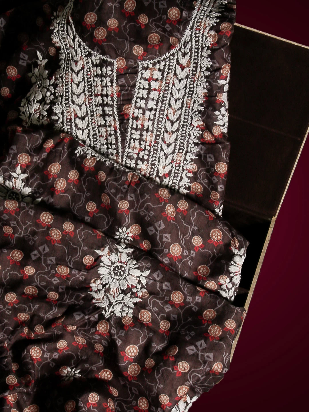 Ada Hand Embroidered Brown Muslin Lucknowi Chikankari Unstitched Kurta Piece 01A426056