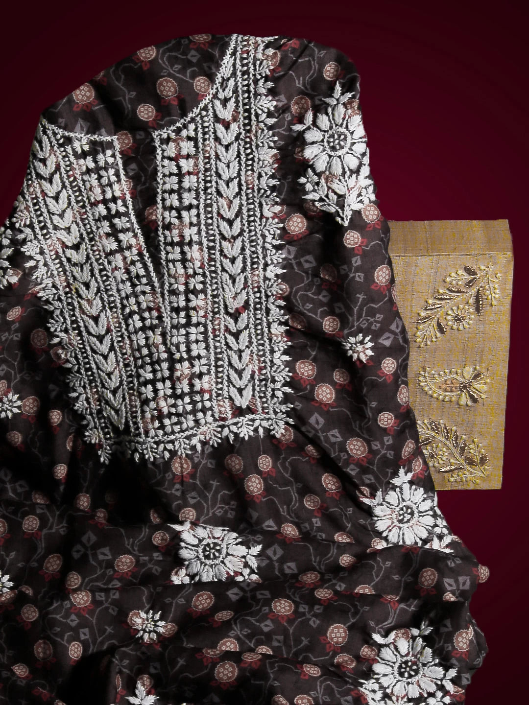 Ada Hand Embroidered Brown Muslin Lucknowi Chikankari Unstitched Kurta Piece 01A426056