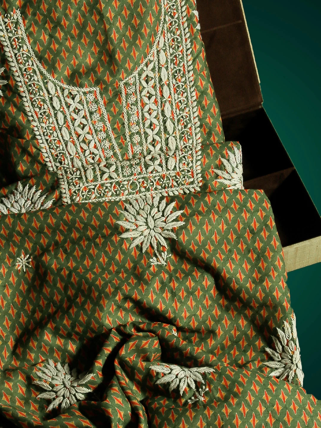 Ada Hand Embroidered Green Muslin Lucknowi Chikankari Unstitched Kurta Piece 01A426046
