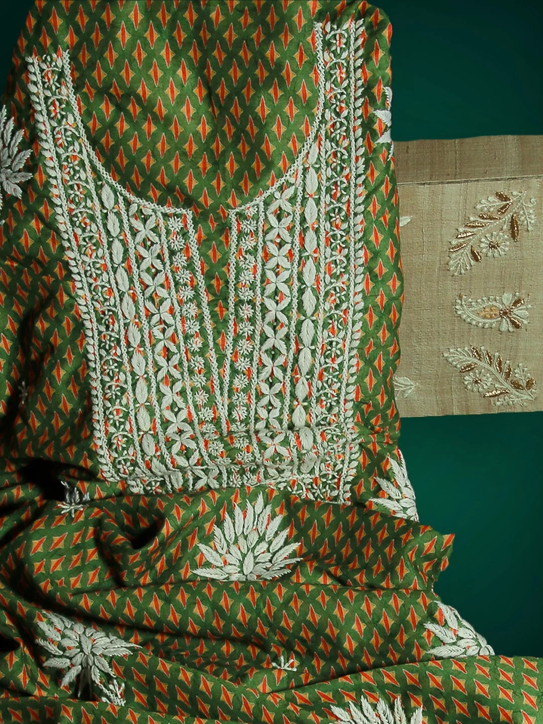 Ada Hand Embroidered Green Muslin Lucknowi Chikankari Unstitched Kurta Piece 01A426046